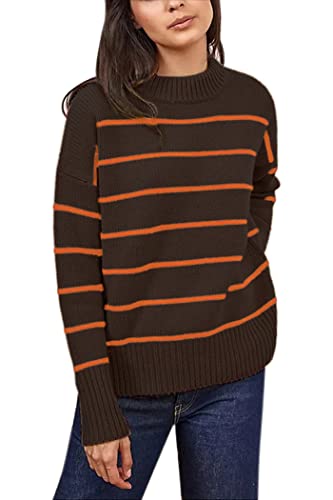 Image of Women's Sweaters Casual Long Sleeve Mock Neck Drop Shoulder Tunic Striped Pullover Knit Sweater Tops