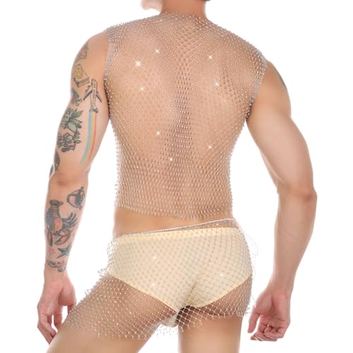 Rhinestone Mesh Top Men Fishnet Tank Top Sexy Cropped Shirt Rave Sheer Vest4
