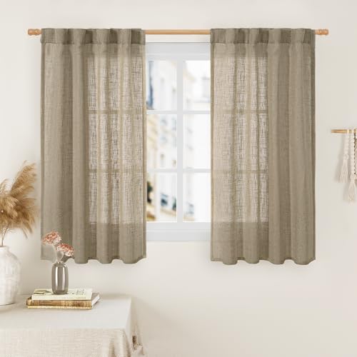 LAMIT 54 Inch Semi Sheer Window Linen Curtains, Light Filtering Panels Back Tab and Rod Pocket Country Decor Drapes for Bedroom/Farmhouse, Taupe, 2 Panels, 34 x 54 Inch