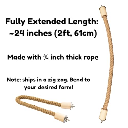 Image of Bird Rope Perch for Parrots, Bendable Natural Jute Boing with Pine Wood and Stainless Steel Mount, Cotton Alternative, Cage Accessory for Parrots (Brown, 2 feet)
