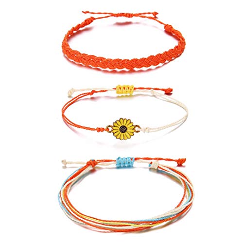 Image of Frodete 2Set Sunflower Braided Bracelet Adjustable Waterproof Wax Rope Bracelet Handmade Boho Beaded Jewelry