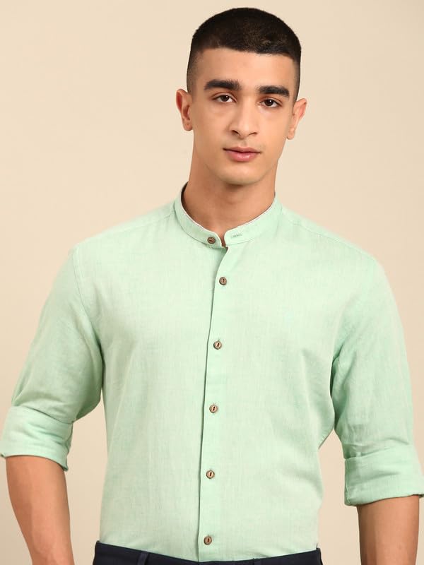 Image of Cavallo by Linen Club Men's Blended Linen Blue Solid Contemporary Fit Full Sleeve Casual Shirt