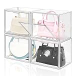 LINYAPRY 4 Packs Clear Plastic Handbag Storage Organizer for Closet, Acrylic Display Box for Handbag, Stackable Storage Boxes Bag Organizer with Magnetic Door for Purse Clutch Wallet Book Toys