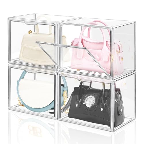 DILIBRA 4 Packs Clear Plastic Handbag Storage Organizer for Closet, Small Acrylic Display Box for Handbag, Stackable Storage Boxes Bag Organizer with Magnetic Door for Purse Clutch Wallet Book