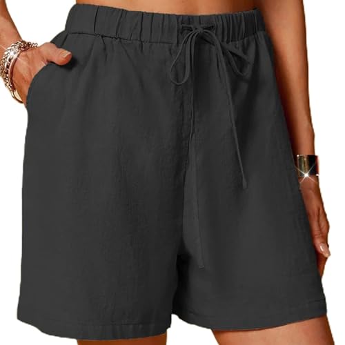 oelaio Women's Cotton Linen High Waist Shorts Wide Leg Casual Drawstring Tie Knot Pants Elastic Waist Pure Color Summer,Black,Small