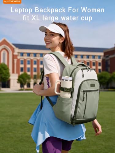 Image of LOVEVOOK Laptop Backpack for Women, Waterproof Work Travel Backpack with Large Cup Pockets for Teacher Nurse, 15.6 inch Computer Bag College Bookbag Daypack, Gifts for Women, Green-White