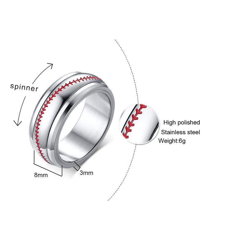 Unisex Stainless Steel 8mm Simple Personality Baseball Pattern Rotatable Fidget Ring Domed Style2