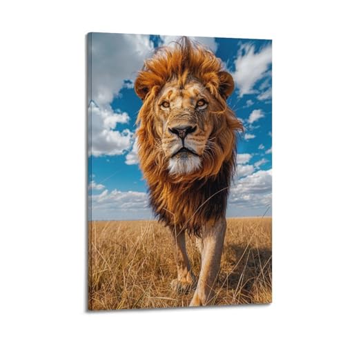 Toile lion mâle marchant dans la prairie pour salon élégant