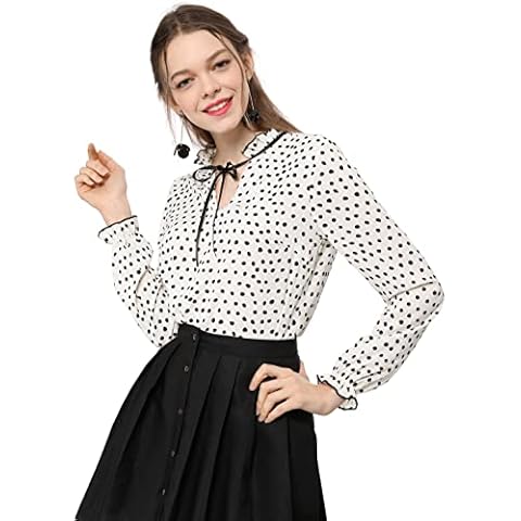 Allegra K Blusa de Lunares Blancos con Volantes y Lazo Cover