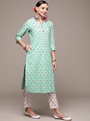 Image of anubhutee Women's Turquoise Handwork Printed Kurta Set with Trousers