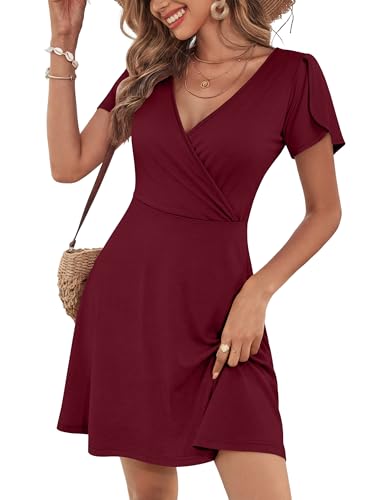 Image of ANRABESS Womens Summer Dresses Short Sleeve Wrap Deep V Neck A-Line Floral Dress Causal Flowy Boho Beach Vacation Sundress Burgundy XL