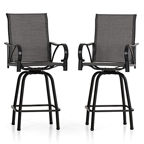 Image of PHI VILLA Outdoor Bar Stools Swivel Set of 2, Outdoor Bar Height Tall Patio Chairs Grey with Armrest, High Top Patio Stools & Chairs with Sling Fabric for Outside Kitchen