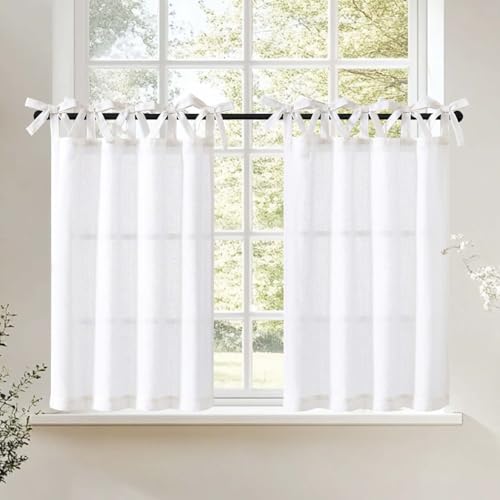 Vangao Visillos de cocina de lino, cortina de bistró con lazos, para puerta de balcón, caravana, estilo rústico, cortina corta, semitransparente, color blanco, 65 x 90 cm, juego de 2 unidades