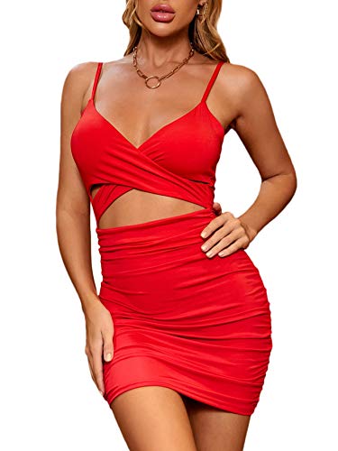 SheIn Women s Crisscross Ruched Mini Bodycon Dress Sleeveless Cut Out Short Dresses Red Small