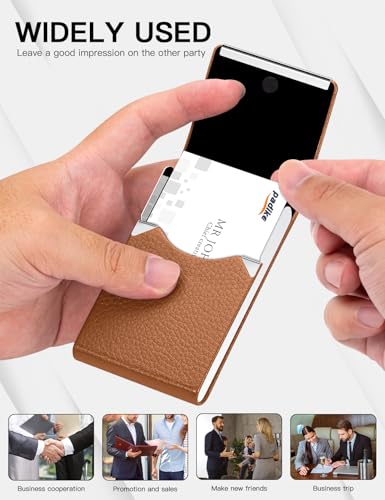 Image of Padike Leather Business Card Holder Metal Business Card Case Slim Professional Name Card Holder with Magnetic Shut (Apricot)