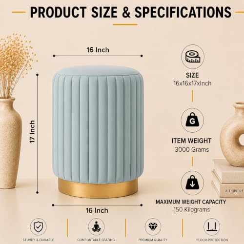 Image of Designer Velvet Round Footstool Ottoman with Sturdy Gold Metal Band Base for Home Decor & Extra Seating, Lightweight Pouf Stool for Sofa Side & Bedroom, 16x16x17 Inch (Aqua)