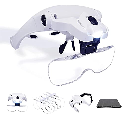 Image of Hetkrishi LED Illuminated Headband Magnifier Visor with Cleaning Cloth- 1X to 3.5X Zoom with 5 Detachable Lenses - Hands Free Head Worn Lighted Magnifying Glass for Inspecting & Electronic Repair