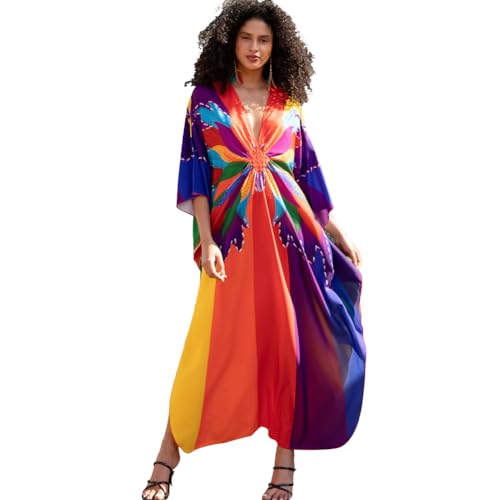 XIVISTO Lange Kaftan Damen Strandkleider Sommer Bikini Cover Up Lose Bohemian Maxikleid Loungewear für Urlaub und Strand