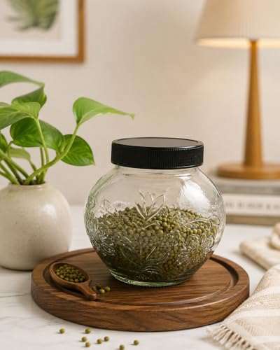 Image of Designer Transparent Glass Storage Jar with Black Plastic Airtight Lid, 900 ML Food Grade Kitchen & Pantry Storage Container, Size 8 X 14 X 14 cm, Ideal for Pulses, Dry Fruits, Pack Of 2