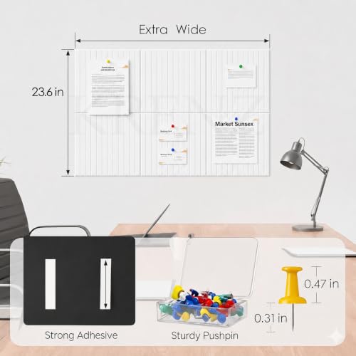 Image of KRENZ Self Adhesive Bulletin Notice Board (30 X 30 Cm) with Drawing Pins List Board for Wall Vision Board for Manifestation Wall Boards Message Board for Office School Collage (6, White Line)
