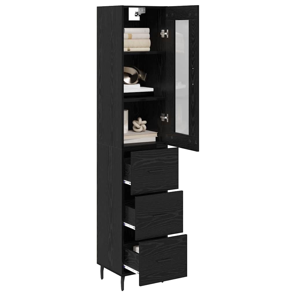 Meuble haut noir aspect chêne 34,5 x 34 x 180 cm avec tiroir et porte, buffet moderne pour salon, salle à manger, cuisine, espace de rangement étroit pour l'ordre et le rangement