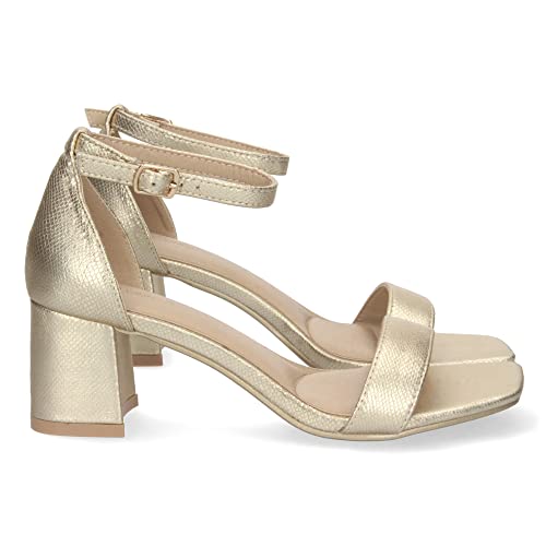 shoes&blues.es 71377-Sandalia de Tacon para Mujer, Comoda, con Estampado Brillante, y Cierre Ankle Strap de Hebilla, Primavera Verano 2023. Talla 38 Oro