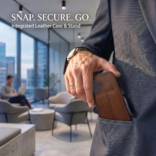 Image of amazon basics Luxury Vegan Leather Back Cover for iPhone 17 | Built-in Card Holder Slot | Integrated Mobile Stand | Slim Shockproof Protective Case with Stitched Finish - Brown