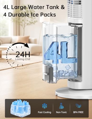 Image of 45 inch Windowless Air Conditioner, Portable Swamp Cooler Air Conditioner w /3 Speeds Max 30 ft /s, 4Modes, 4L Tank & 12H Timer, 120Oscillation, 17 Ft Remote Evaporative Air Cooler for Room Indoor