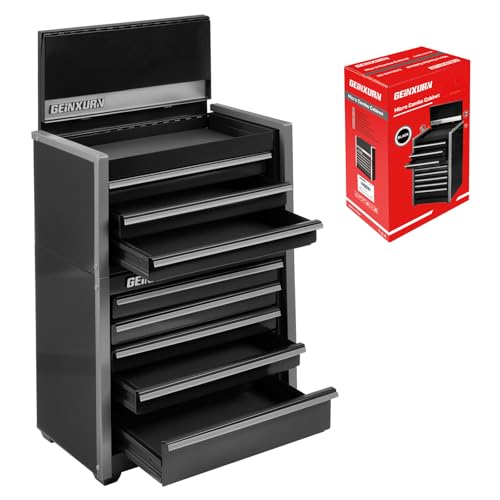 Geinxurn 8-Drawer Rolling Black Tool Box Heavy Duty Micro Roll Cab Steel Stackable Tool Chest with Lockable Drawers 2-in-1 Large & Compact Combo Set (3-Drawer + 5-Drawer) for Garage Workshop