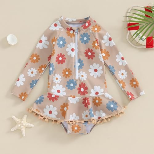 Yccutest Toddler Floral Bathing Suit Girls Long Sleeve Zipper Ruffle Tassel One Piece Swimsuit Kids Rash Guard Swimwear Beach2