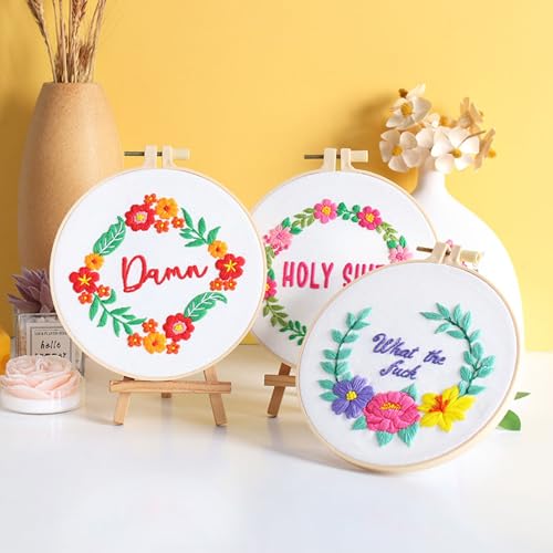 Image of Louise Maelys Funny Embroidery Kits for Beginners,Cross Stitch Kit for Adults Starters,DIY Needlepoint with Floral Flower Wreath Pattern