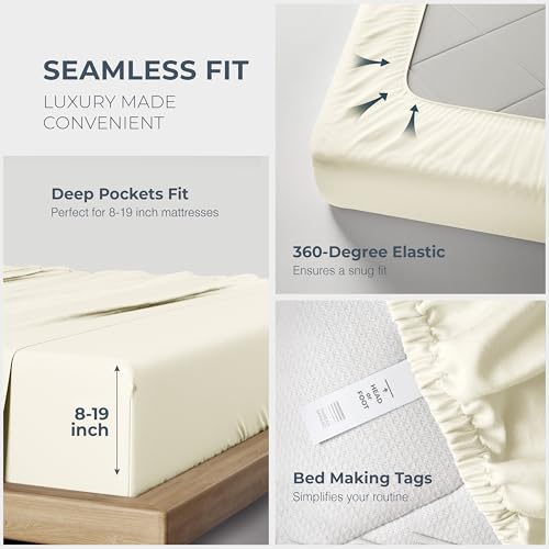 Image of THREAD SPREAD 100% Egyptian Cotton Sheets Queen Size - Luxury 1500 Series Queen Sheet Set Egyptian Cotton (4 PC, Ivory), Silky Soft, Sateen Weave, Cooling & Breathable, 17 inch Deep Pocket Bed Set
