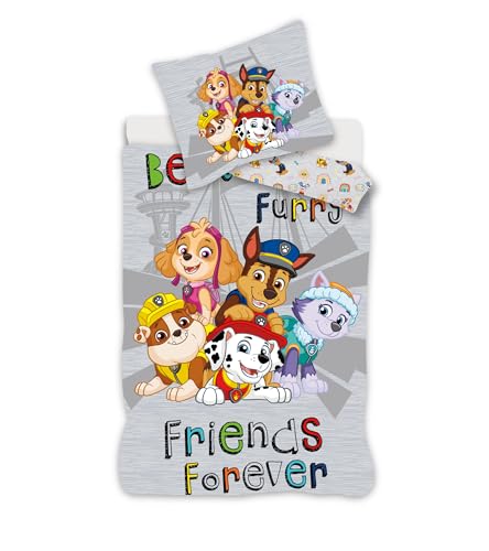 Paw Patrol Parure de Lit Pat' Patrouille pour Petit Lit, Housse de Couette Réversible 100x135 cm + Taie d'oreiller 40x60 cm, 100% Coton, avec Marcus, Chase,...