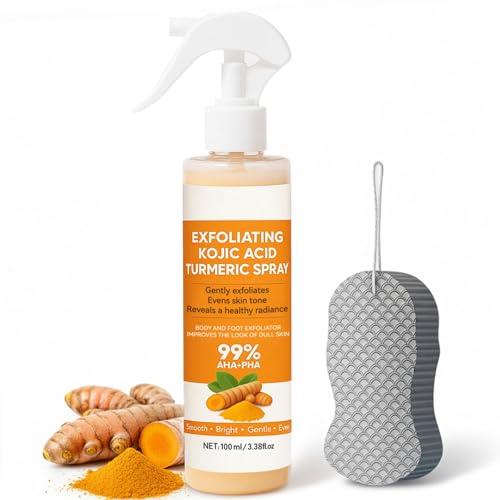 Kojic Acid Turmeric Spray with Sponge Exfoliating Body Spray with Retinol Glutathione Niacinamide Gentle Exfoliation for All Skin Types Nourish Skin Turmeric Peel Shot 100ml