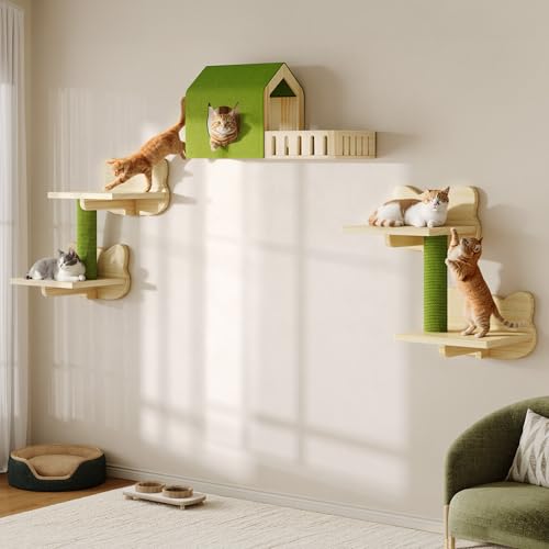 YITAHOME Cat Climbing Wall Set Sturdy Wooden Furniture 5-Piece Cat Shelves with House Cat Stairs and Cat Platform for Cats to Sleep Play and Rest