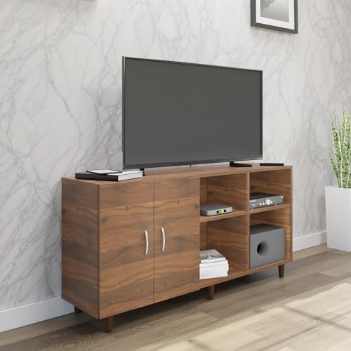 Image of VIKI Modern TV Unit for Living Room | Engineered Wood TV Cabinet with 2 Door Storage & 2 Open Shelves, Set Top Box Stand, Entertainment Unit, 140W x 74H x 40D cm | DIY | 1 Year Warranty (Walnut)