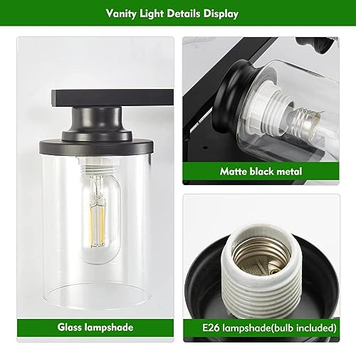 Image of Bathroom Vanity Light, 3-Light Modern Matte Black Wall Sconce Lighting with Clear Glass Shade, Black Wall Lights, Vanity Lighting Over Mirror for Bedroom, Living Room-1Pack