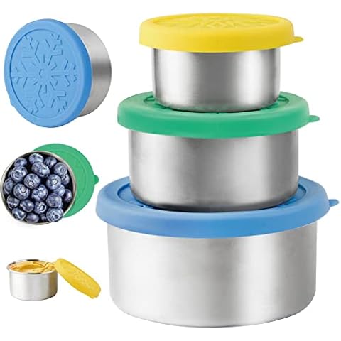 LALASTAR Stainless Steel Food Containers with Lids, Set of 3 Reusable Snack Containers (110 ml, 220ml, 400ml), Leakproof Silicone Lids, Metal Food Storage Containers for Snack, Lunch, Bento, Sauce Cover