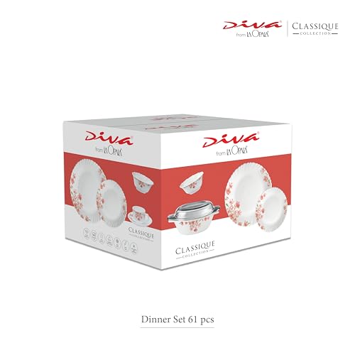 Image of La Opala Diva Classique Collection Opal Glass Crockery | for Family of 8 | Dinner Set 61 pcs Mystrio Black | Plates & Bowls for Dining | Microwave Safe | 100% Vegetarian | Extra Strong | White
