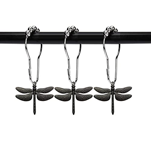 ZILucky Set of 12 Dragonfly Shower Curtain Hooks Rings Garden Nature Lake Woodland Spring Insect Theme Stainless Steel Rustproof (Black)