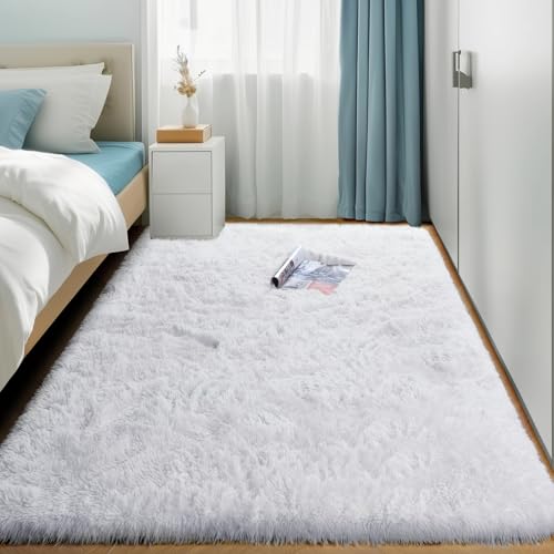 Amdrebio White Area Rugs for Bedroom, Shag Fluffy Rug for Living Room, Modern Furry Shaggy Throw Rug for Kids Room, Teen Girls, Dorm, Baby Nursery, Cute Fuzzy Fur White Carpet, 4x6 Rug, Home Decor