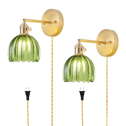Plug in Wall Sconces Set of 2, Vintage Wall Sconce Light with Tulip Green Glass Lampshade, 180° Adjustable Wall Sconce with Switch and Plug in wall lamp Cord, Gold Wall Light Wall Decor Set of 2