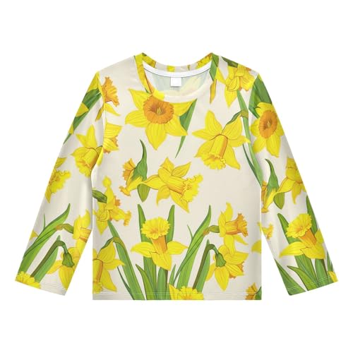 Daffodils Flower Leaves Beige Boy's Rash Guard Swim Shirt Long Sleeve Sun Shirt for Running Swiming Pool UPF50+ 3T