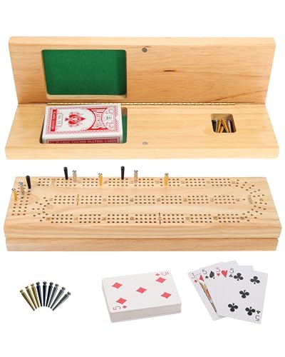 WE Games Wooden Cribbage Board Game Set, Continuous 3 Track for 2-3 Players, Travel Cribbage Board with Card Storage, Includes 9 Metal Pegs & Deck of Cards, Card Games, Classic Board Games for Adults