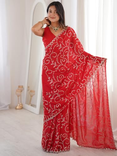 Image of AKHILAM Women's Red Georgette Embroidered Sequins Work Saree With Unstitched Blouse Piece (STARJAL1001 VH)
