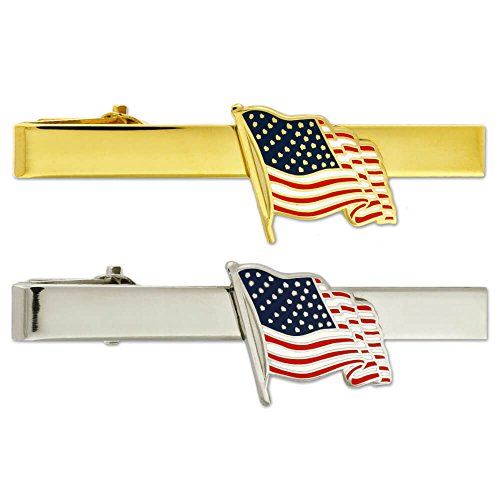 PinMart's Patriotic Waving American Flag Tie Clip Tie Bar - Silver or Gold - Engravable or Non-engravable2