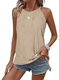 BLENCOT Tank Top for Women Loose Fit High Neck Sleeveless Halter Tops Casual Eyelet Summer Flowy Textured Cami Shirts Blouse Khaki S