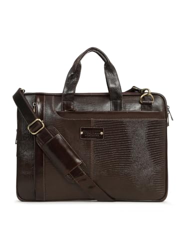 Image of TEAKWOOD LEATHERS Unisex Green Lizard Leather Structured laptop Bag | BROWN