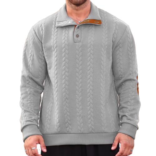 Men's Cable Knit Polo Sweatshirt Casual Stand Collar Button Up Pullover Lightweight Long Sleeve Sweater