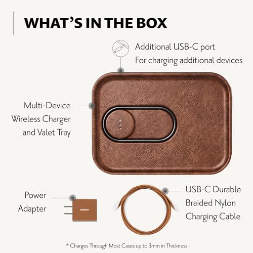 COURANT MAG:3 Classics Charger and Tray - Italian Leather, Multi-Device Charger Compatible with MagSafe iPhones 16, 15, 14, 13, 12 or Wireless AirPod Cases (Saddle)